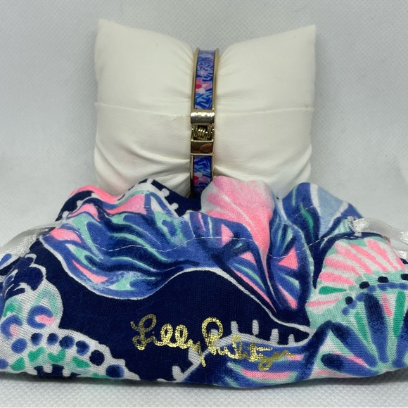 Lilly Pulitzer Jewelry - Lilly Pulitzer Gold Navy Holy Flocksmolie Hinge Bracelet and Drawstring Bag NEW
